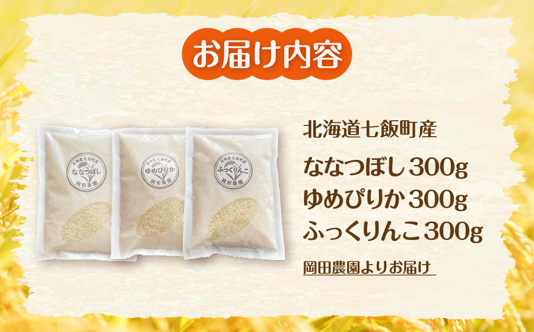 【先行予約】（令和8年産）北海道七飯町産 岡田農園 米300ｇ×3（ななつぼし、ゆめぴりか、ふっくりんこ） 食べ比べセット NAZ023
