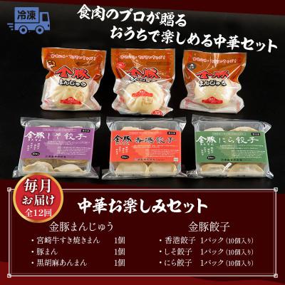ふるさと納税 宮崎市 【毎月定期便】金豚中華お楽しみセット(宮崎牛すき焼き・豚・黒ゴマ、香港、しそ、にら　各1)全12回 |  | 01