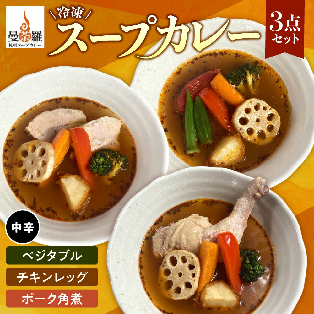 【ふるさと納税】 スープカレー 冷凍 各300g以上 3点 セット カレー 中辛 チキンレッグ ベジタブル ポーク角煮 曼荼羅 ストック ソウルフード 真空 手軽 お取り寄せ グルメ 時短 レシピ 北海道 札幌市