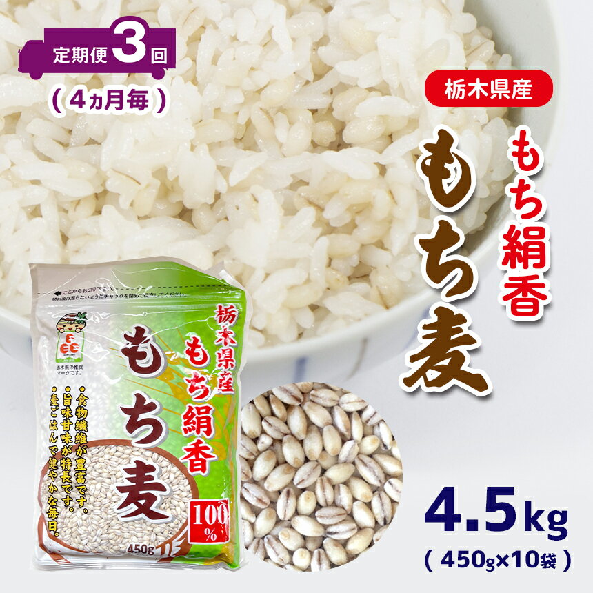 【ふるさと納税】 もち麦 定期便 3回 (4ヶ月毎) 栃木県産もち絹香 もち麦 (450g×10袋) もち麦 | 栃木県 真岡市 送料無料 定期便 もち麦 ダイエット 食物繊維 ご飯 血糖値 糖質 健康 効果 栄養