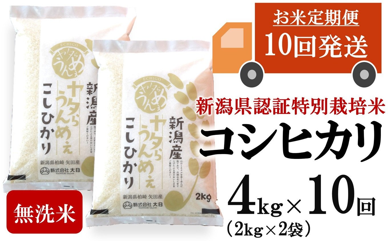 
            【先行予約・令和7年産新米・10ヶ月定期便】コシヒカリ 無洗米 4kg（2kg×2袋）×10回（計 40kg）ヤタらうんめぇお米 水田環境鑑定士在籍[Y0511]
          