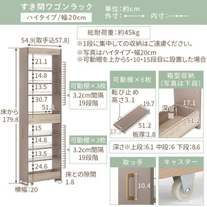 【完成品でお届け】すき間 ワゴンラック ハイタイプ 幅20cm （グレー）キッチン 隙間収納 キャスター付き キッチンワゴン スリム 収納 キッチン隙間ワゴン キッチン隙間家具 ラック キッチン収納 