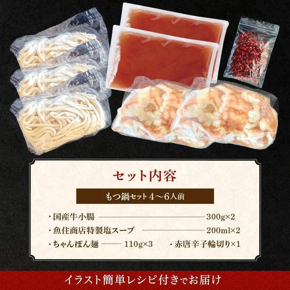 魚住商店特製 国産牛もつ使用 塩もつ鍋セット(4～6人前)【魚住商店】_HA2000 〆のチャンポン麺付き 国産モツ鍋 鍋 ホルモン 肉 もつ 国産もつ鍋 塩もつ鍋 塩モツ鍋 出汁つき 小分け 個包装