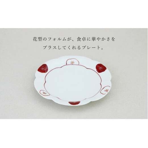 有田焼 金彩紅白梅 輪花皿 Lサイズ 1枚 【皓洋窯】食器 手描き プレート お皿 花形 梅 赤 白 お節 おせち お正月 お祝い 赤 金 縁起物 A18-153_イメージ2