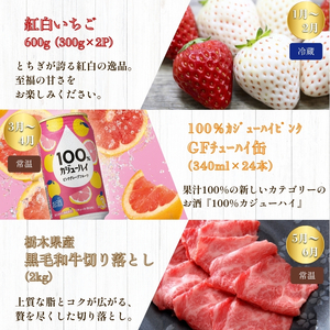 下野市を堪能!!まんぷく定期便6回 | 紅白いちご 100％ｶｼﾞｭｰﾊｲﾋﾟﾝｸGFﾁｭｰﾊｲ缶 黒毛和牛 甲州韮崎 ハイボール缶栃木県共通返礼品とちぎ和牛サーロイン 栃木県産こしひかり10kg 月