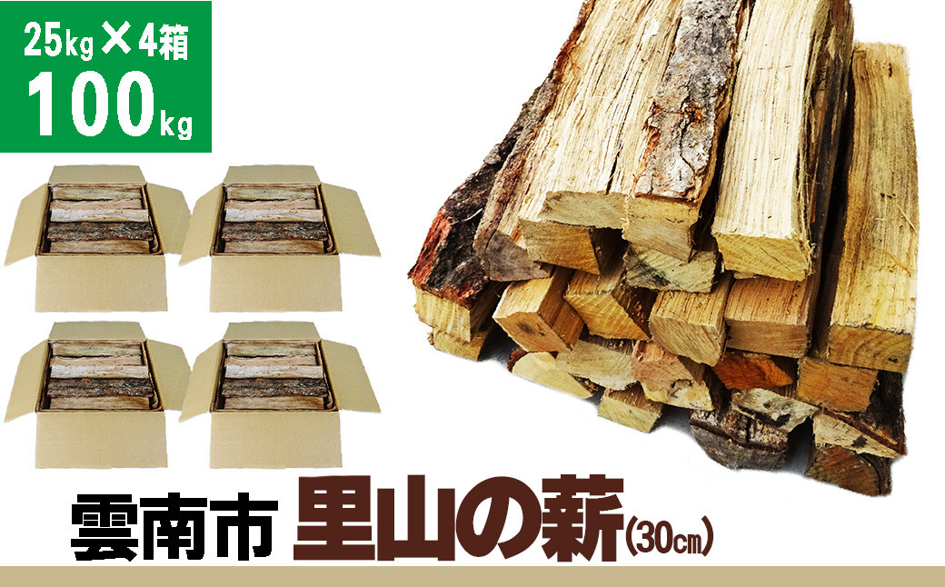 
雲南市　里山の薪(30㎝) 100kg【25kgX4箱（4個口) 広葉樹 ナラ クヌギ 樫 まき 天然乾燥 キャンプ ソロキャンプ ストーブ 焚き火 焚火 たき火 暖炉 box 島根県産 雲南市産】
