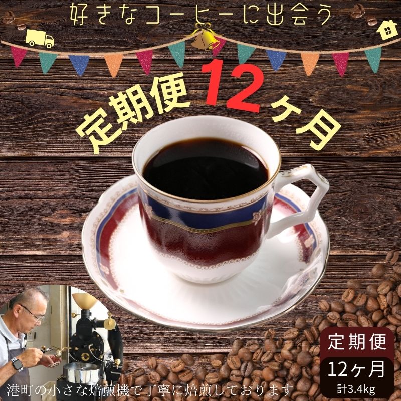 【ふるさと納税】 コーヒー 定期便 12回 計約3.4Kg 粉 自家焙煎 定期便12ヶ月 毎月発送 粉コーヒー飲み比べセット 高級豆 希少豆 お楽しみ コーヒータイム ティータイム セレクト お茶 デザート ケーキ ギフト 贈答用 お取り寄せ ふるさと納税 千葉県 銚子市 ティピカ