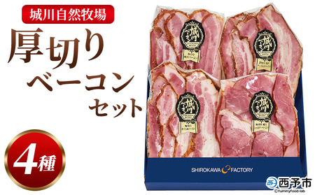 ＜城川自然牧場 厚切りベーコンセット（100g×4種）＞ スライス ガーリックベーコン ショルダーベーコン 七味ベーコン 豚肉 加工品 おかず おつまみ ギフト 贈答用 城川ファクトリー 愛媛県 西予市【冷蔵】『1か月以内に順次出荷予定』SSF0014