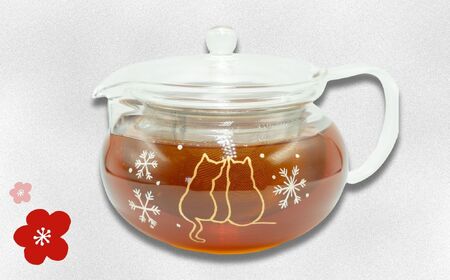 蒔絵で描いた 寄り添う猫 ガラス ティーポット  700ml （耐熱ガラス）　(Ba-039) 