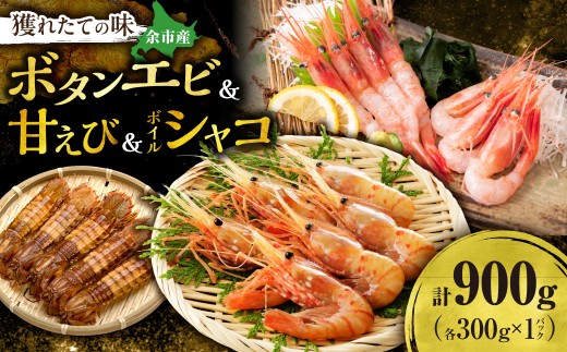 【獲れたての味！】ボタンエビ300g・甘エビ300g・ボイルシャコ300g 3種セット 獲れたて急速冷凍 北海道余市近海 海鮮 海の幸 超低温冷凍 鮮度抜群 刺身用  食べ比べ 詰め合わせ_Y022-0028