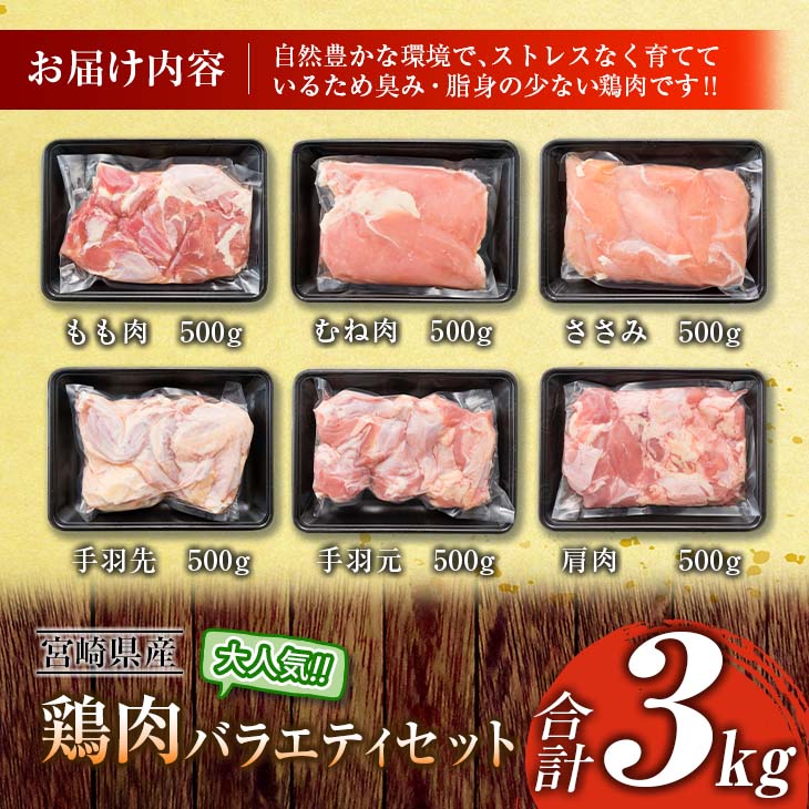 BA56-23_鶏肉 バラエティ セット 合計3kg 肉 鶏 国産 大満足 6種 もも むね ささみ 手羽先 手羽元 食品 真空パック ギフト 送料無料_イメージ5