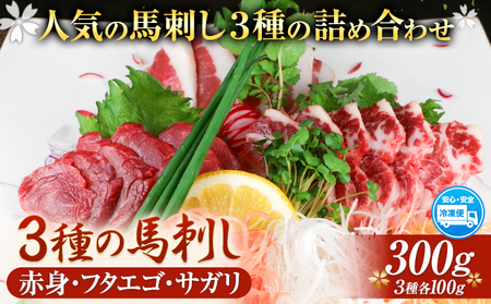 3種の馬刺し 赤身 フタエゴ サガリ 300g 各100g 醤油付き 5ml×2袋 長洲町L（桜屋）《30日以内に出荷予定(土日祝除く)》 熊本県 長洲町 馬肉 馬刺し 熊本県産 国産
