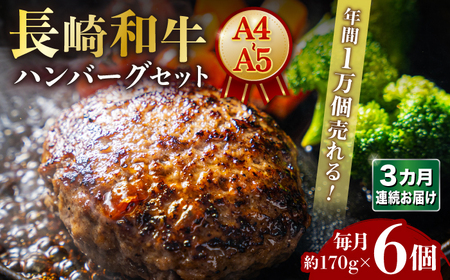 【3回定期便】【年間1万個売れる！】A4-A5 長崎和牛 ハンバーグセット 約170g×6個 長与町/meat shop FUKU[ECS006]