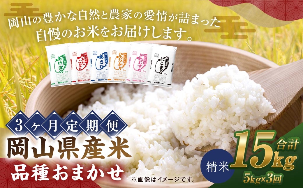 
                  【 3ヶ月定期 】 【 令和8年産 】 岡山県産米 品種おまかせ 5kg × 1袋 お米 米 こめ コメ 白米 精米 白飯 飯 ご飯 きぬむすめ あきたこまち ひのひかり あけぼの にこまる あさひ おにぎり 和食 国産 ブランド米 ブランド 定期便 定期配送 【 2026年11月上旬から2027年6月下旬迄発送予定 】
                