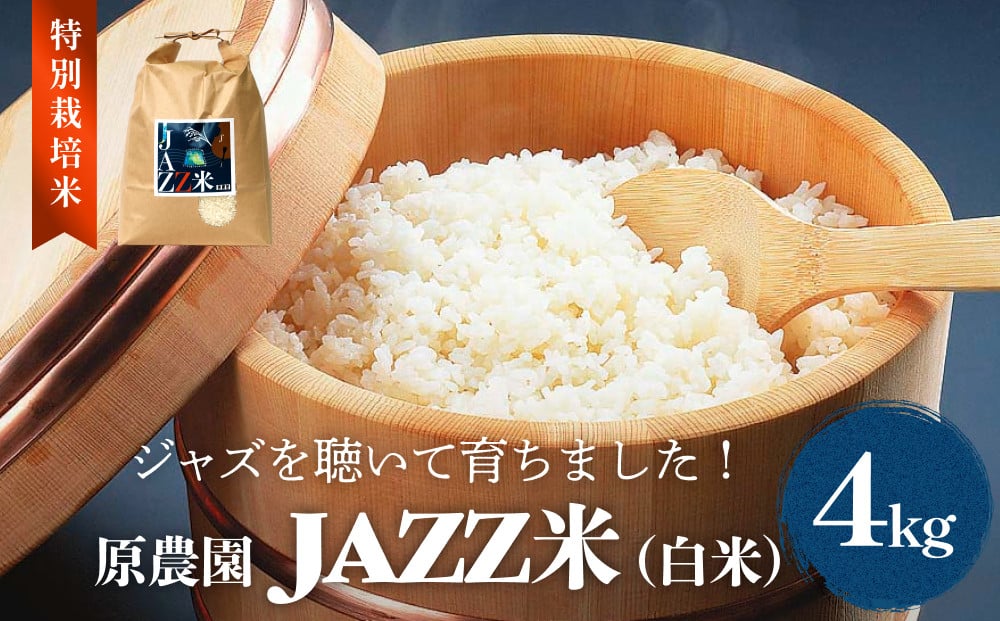 
            原農園 JAZZ米 (白米) 白米 ４kg JAZZ 有機栽培 特別栽培米 堆肥 光合成細菌 有効微生物 アートテン農法 抗酸化農法 有効微生物農法 きりかぶ山 地力 白米 環境 地域特産 自然栽培 完熟堆肥 健康
          