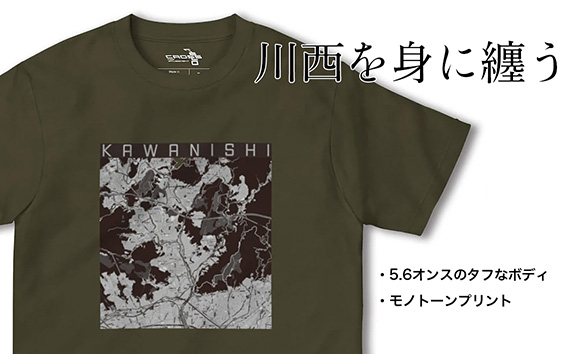 【川西】地図柄ヘビーウェイトTシャツ（ダークオリーブ）XLサイズ KWNN055