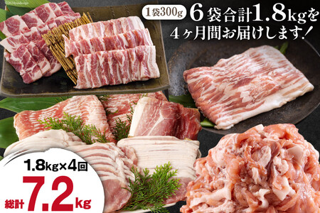 4回 定期便 宮崎県産 豚肉 こま 焼肉 肩ロース バラスライス しゃぶしゃぶ もも ロース セット 小分け 数量限定 合計7.2kg 毎月1.8kgお届け [甲斐精肉店 宮崎県 美郷町 31as01