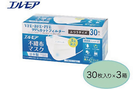 エルモア不織布マスク普通サイズ30枚×3箱【90枚】