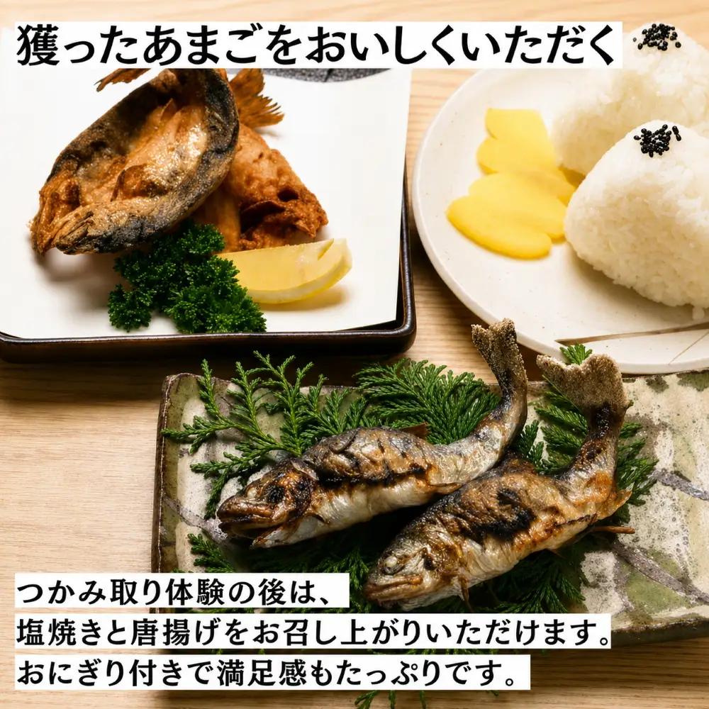 あまごつかみ取り 調理込み体験チケット 2名様分　唐揚げ塩焼き おにぎり付き 家族旅行 夏休み思い出作り あまご釣り
