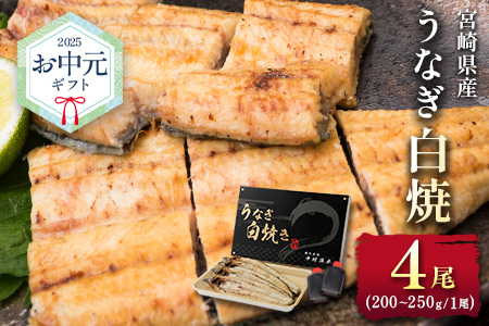 お中元対応「玄人の一品」うなぎ 白焼き ギフト 4尾（200～250g/1尾あたり）宮崎県産鰻 蒲焼きタレ付（50ml×2本）配送日指定可 国産 有頭 熨斗 贈答品【N67-25】