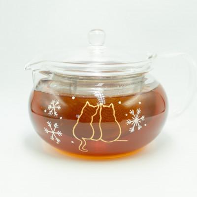 ふるさと納税 飯山市 冬に寄り添う猫ティーポット　耐熱ガラス700ml