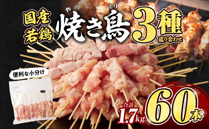 【選べる発送期日】若鶏の焼き鳥3種(60本)盛り合わせ_M146-013-SKU