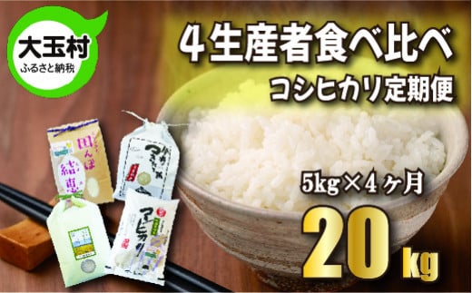 【令和5年産】【４カ月定期】福島県大玉村産コシヒカリ食べ比べ20kg（毎月5kg×4回お届け）【10501】