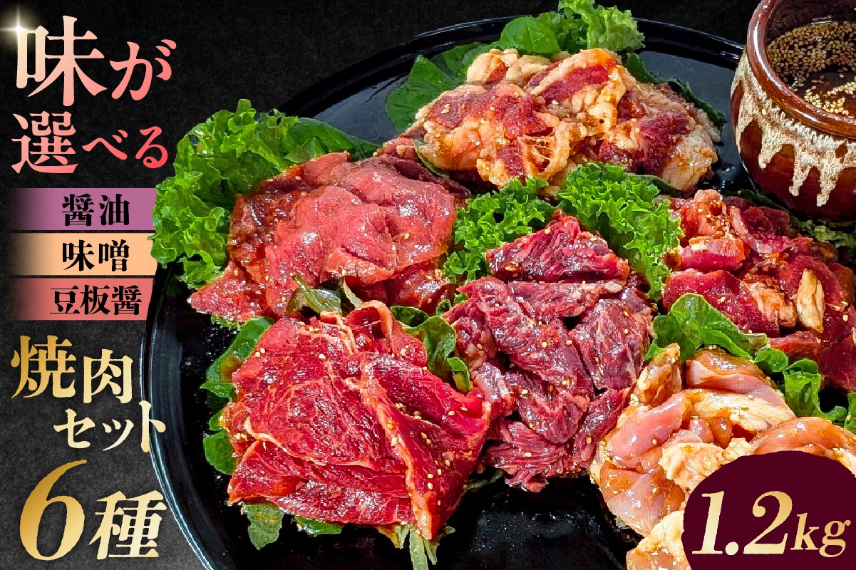 
            【味が選べる】焼肉セット6種【 味付け 醤油 味噌 豆板醤 簡単 1.2kg BBQ バーベキュー 牛モモ 牛カルビ 牛ウデ 牛肩ロース 牛さがり 鶏もも 小分け 冷凍保存 】
          