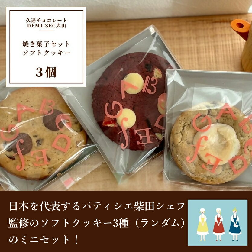 【ふるさと納税】【久遠チョコレートDEMISEC犬山店】ソフトクッキーランダム3種　詰め合わせBOX｜焼菓子 おやつ 洋菓子 スイーツ デザート おやつ お土産 おいしい ご褒美 プレゼント QUON 3個 贈答 ランダム クッキー 手作り DEMI-SEC しっとり SDGs