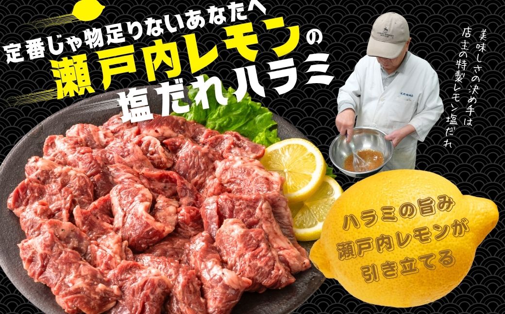 【瀬戸内レモン塩だれ】牛ハラミ 600g(300g×2パック) 尾野精肉店の牛ハラミ【肉 訳あり 小分け 真空パック 冷凍 牛肉 ハラミ 味付き 焼肉 BBQ 広島県 竹原市】