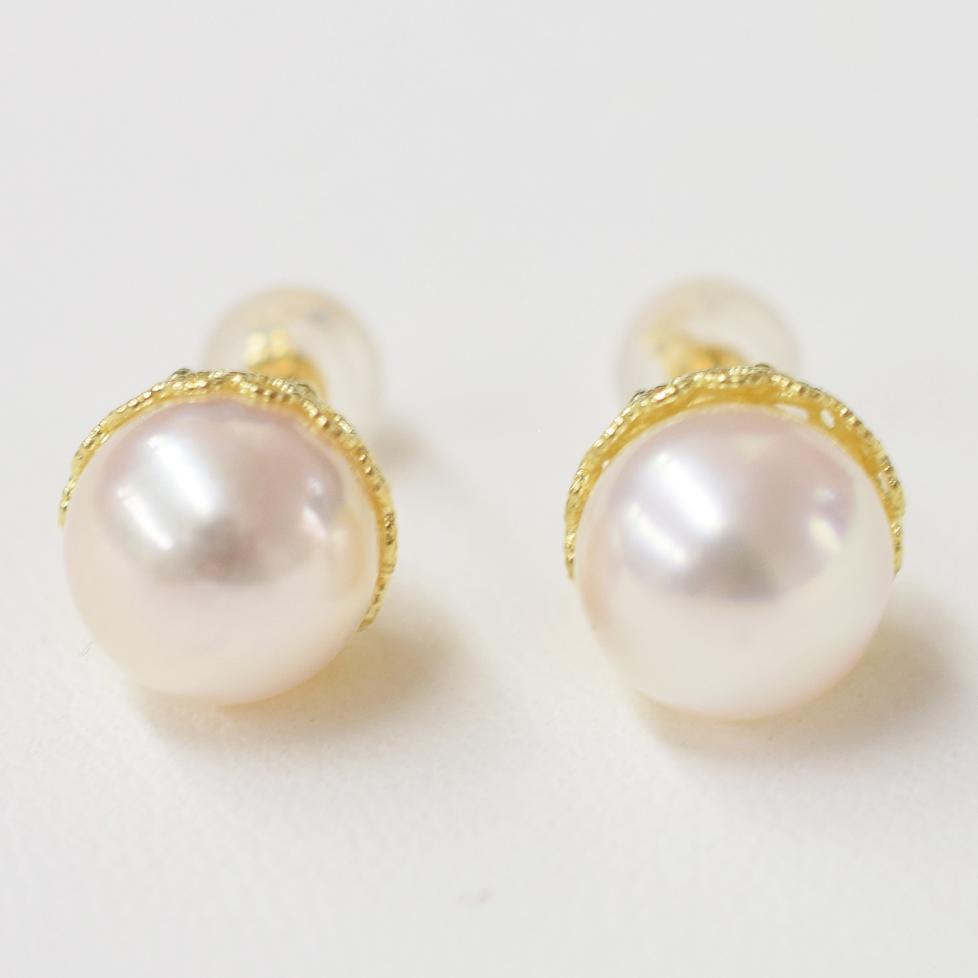 S101-426_あこや真珠 天草 熊本 ピアス 菊皿 8mm - 8.5mm 花型 ホワイトピンク K18 K14 本真珠  