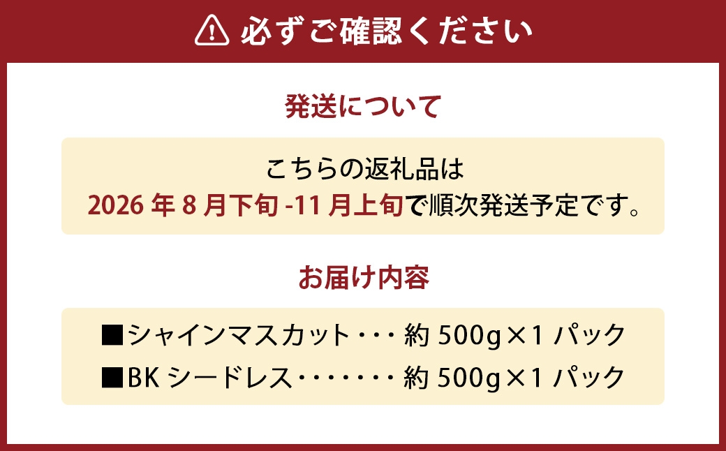 【数量限定】粒パック 訳あり シャインマスカット（約500g）& BKシードレス （約500g） 計約1kg（各1パック）