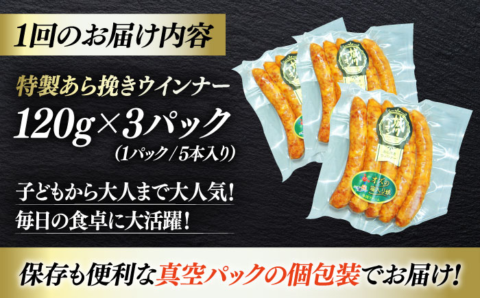 【全6回定期便】秒でプラスもう一品！ブランドポーク『オズの箱入り娘』使用！特製ウインナー（5本入り）×3袋 合計360g 豚肉 小分け 切り落としベーコン 愛媛県大洲市/株式会社オズメッセ [AGAZ