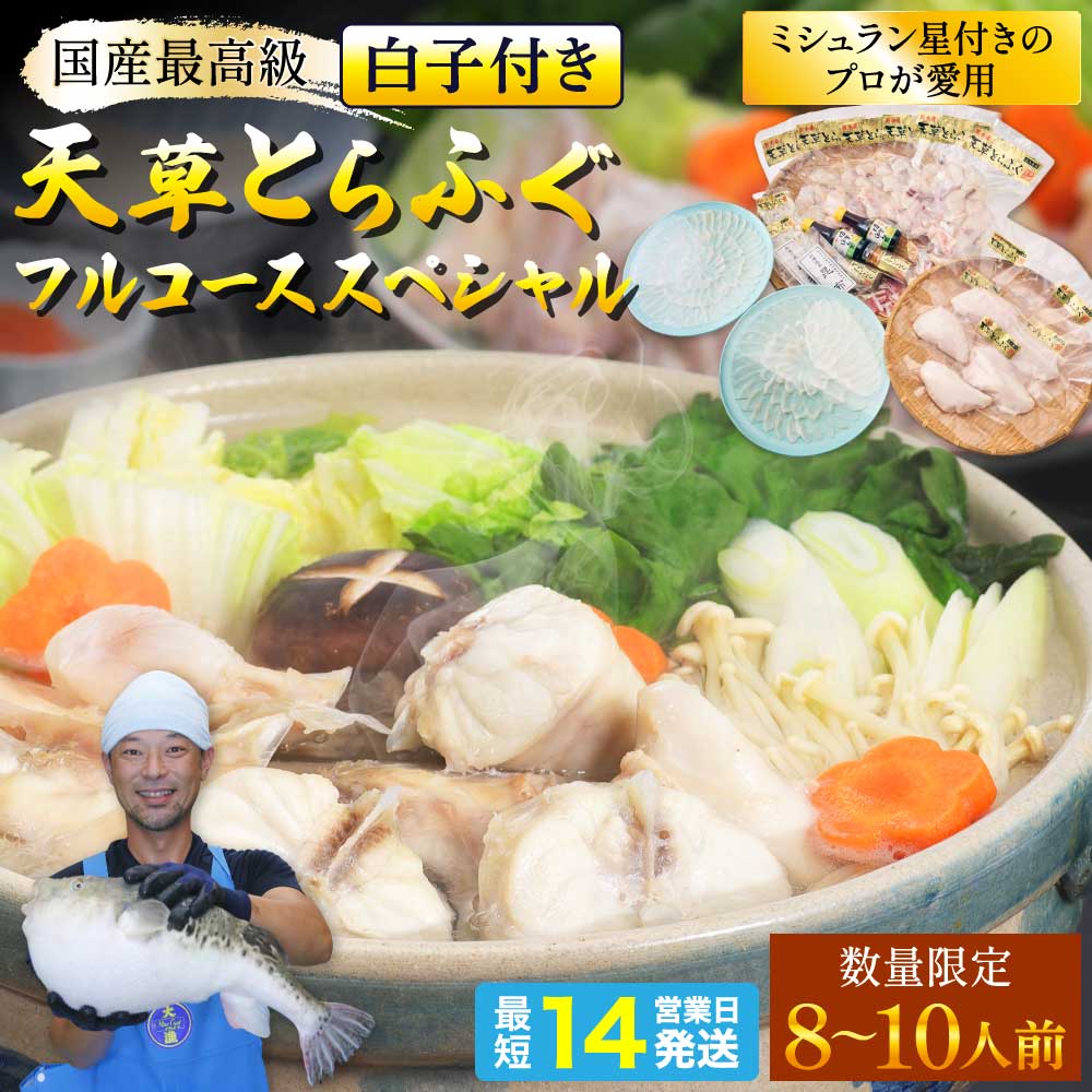 【ふるさと納税】 先行予約 数量限定 白子付 大皿使用 国産最高級!天草とらふぐフルコーススペシャル (8～10人前) 【2026年12月下旬から2027年3月下旬発送予定】 ふぐ とらふぐ フグ 刺身 てっさ てっちり ひれ酒用 焼きひれ 海鮮 魚介類 鍋 冷凍 熊本県 宇城市 天草海産