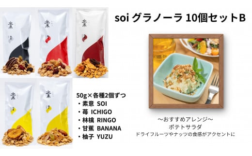 soi グラノーラ １０個 Bセット (素意・苺・林檎・甘蕉・柚子 / ５０ｇ 各種２個 )