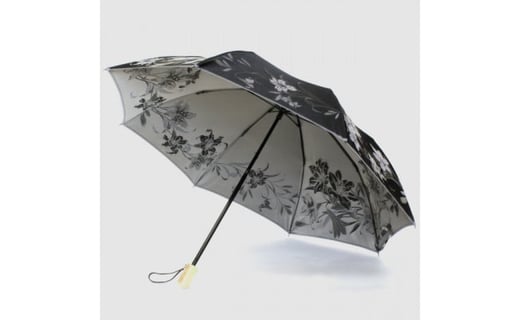 【槙田商店】晴雨兼用折りたたみ傘　絵おり　百合　黒　ブラック　日傘 UV プレゼント 化粧箱 ギフト 老舗