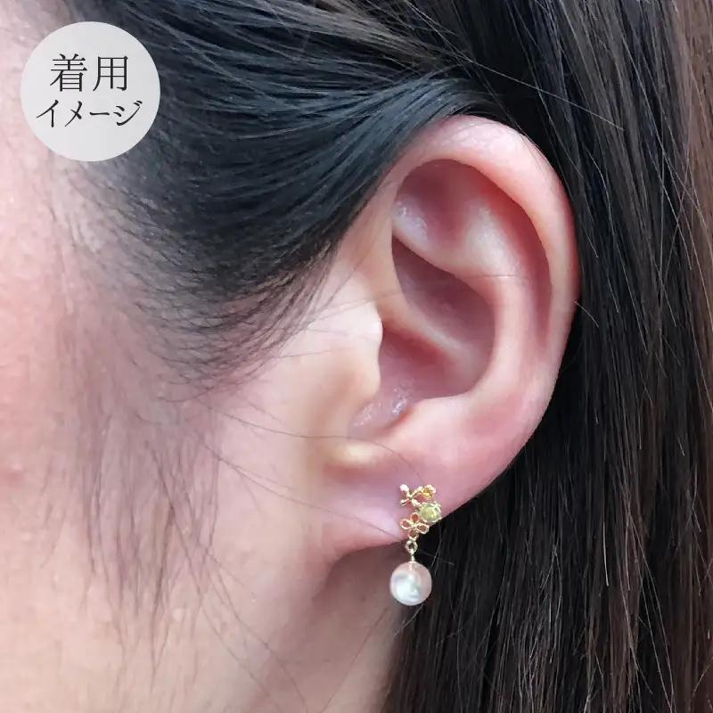 S085-304_5.5mm - 6mm K18YG シトリン ペリドット ピアス 半貴石 真珠 ピアス ホワイトピンク 花珠級 ベビーパール 【K18YG】