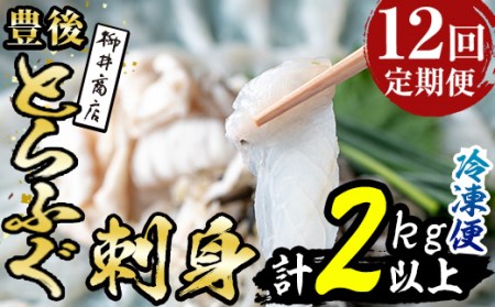 ＜定期便・全12回 (連続)＞とらふぐ刺身 (総量約2kg・2-3人用×12回) とらふぐ ふぐ フグ ふぐ刺し フグ刺し ふぐ刺身 フグ刺身 刺身 鮮魚 冷凍 養殖 国産 大分県 佐伯市【AB201