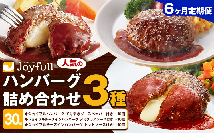 【6ヶ月定期便】ジョイフルハンバーグ 人気の詰め合わせ 30個 生ハンバーグ チーズインハンバーグ 1個120g ソース付き 食べ比べ 3種類 セット 牛肉 ジョイフル 焼くだけ ハンバーグ 惣菜 おかず 冷凍 送料無料《お申込みの翌月出荷予定》---077-3049---