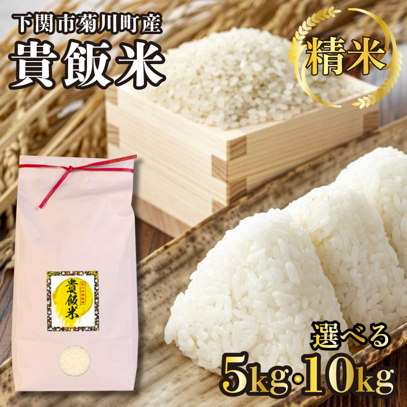 【ふるさと納税】精米 米 選べる 5kg 10kg 貴飯米 ( お米 ご飯 白米 ライス 精米 食品 ギフト プレゼント 贈り物 お弁当 弁当 おにぎり ブランド米 おむすび 晩ごはん ごはん 焼きおにぎり 惣菜 肉 魚 加工 卵 野菜 料理 和食 ) 山口 下関 菊川