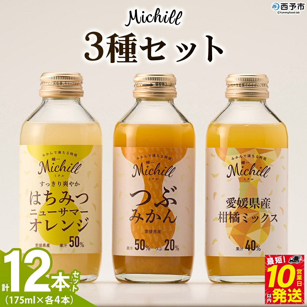【ふるさと納税】＜Michill 3品種 175ml×計12本＞『最短10営業日以内に発送予定』愛媛県産 西宇和 つぶ入り ミックス ジュース はちみつ 日向夏 国産 みかん 蜜柑 ミカン 果汁入り飲料 セット 詰合せ 小林果園 愛媛県 西予市 【常温】