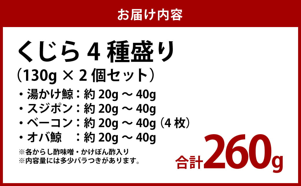 くじら 4種盛り（湯かけ鯨・スジポン・ベーコン・オバ鯨） 130g×2個セット