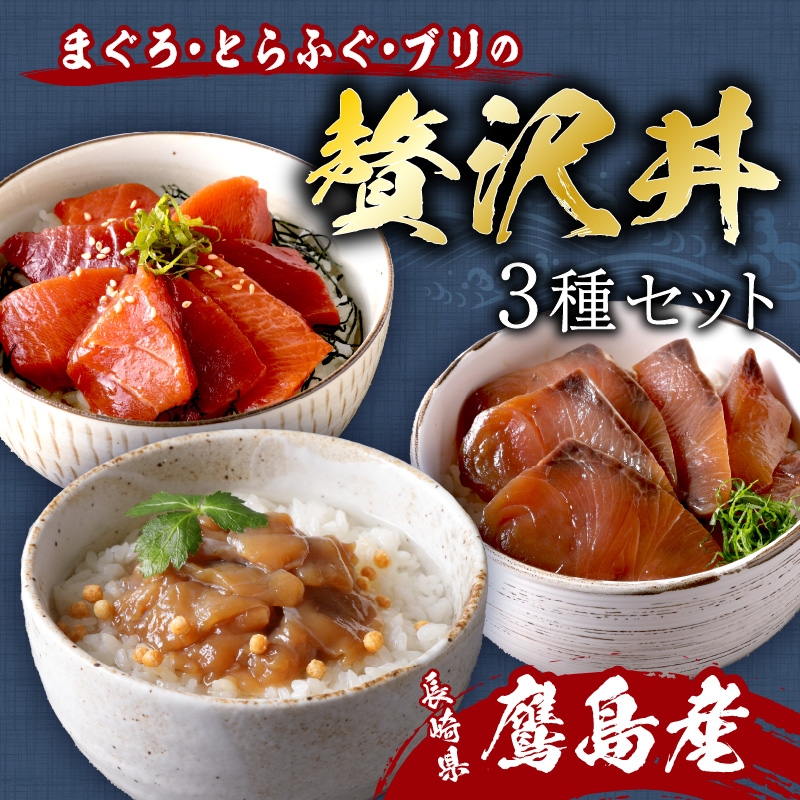 鷹島産本まぐろ・とらふぐ・ぶりの贅沢丼 3種セット[各1] ( 本マグロ 大トロ 中トロ 赤身 とらふぐ ブリ お手軽 丼 漬け 茶漬け 時短 )【A8-046】