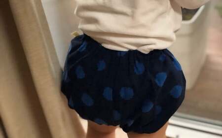 久留米絣の赤ちゃん用 【ちょうちんブルマ】 【グレー小白玉】 出産祝い プレゼント 子供服 おうちウェア 部屋着 ブルマ 男女兼用 福岡県 筑後市