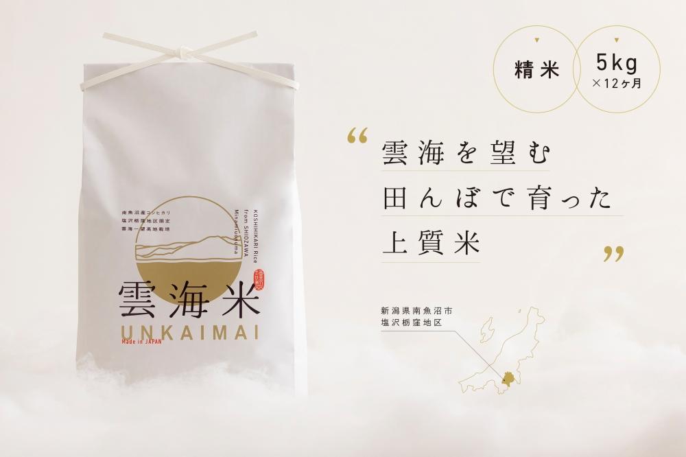 新米予約【令和8年産】【定期便】「雲海米」南魚沼塩沢産コシヒカリ　精米5kg x 全12回【2026年10月上旬から1ヶ月以内に順次発送予定】