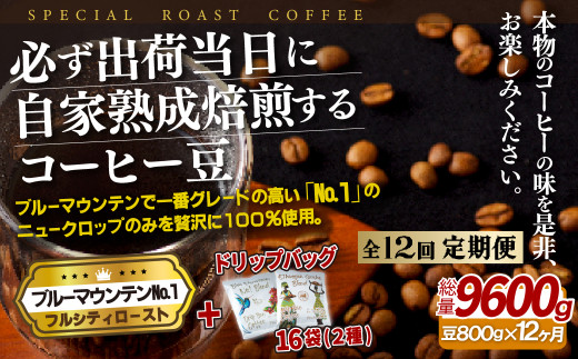 E280d 《定期便》必ず出荷日に自家熟成焙煎ブルーマウンテンNo.1豆(800g)＋ドリップバッグ16パック【12回お届け】