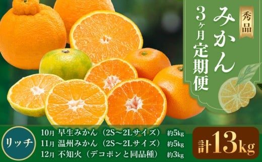 秀品 みかん 3ヶ月定期便 【リッチ：計13kg】 日本フルーツ株式会社《10月出荷開始》熊本県 荒尾市  早生みかん 温州みかん 不知火 果物 フルーツ スイーツ デザート ギフト ご贈答