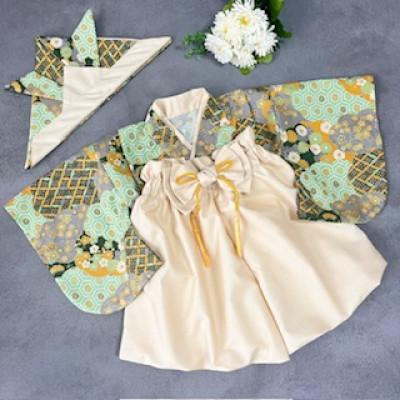 ふるさと納税 みよし市 80size　ベビー袴とかぶれる布兜のセット(雲取り文様×ベージュの袴)