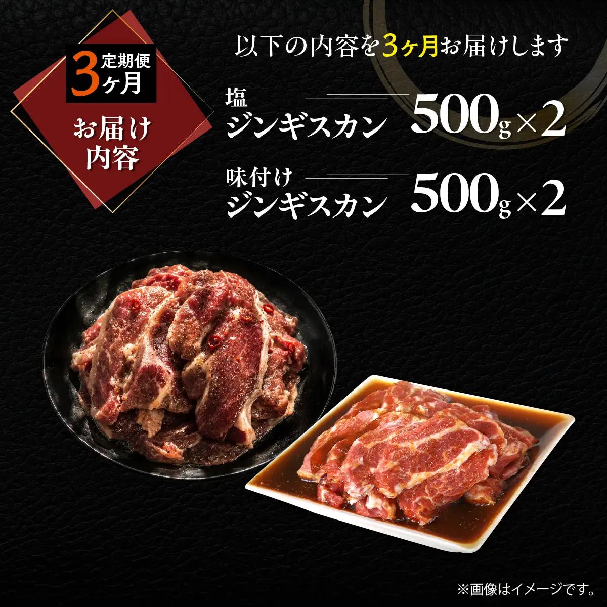 【3ヶ月定期便】塩ジンギスカン500g×2 味付けジンギスカン500g×2 セット MROA305