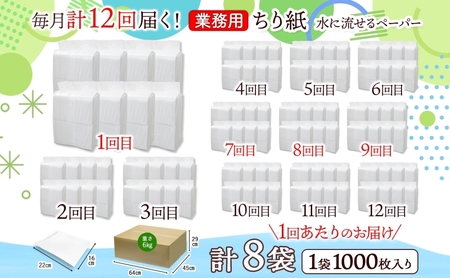 定期便 12ヶ月連続 業務用 水に流せる ちり紙 1000枚×8袋 チリ紙 ティッシュ ティッシュペーパー ペーパー 紙 落とし紙 衛生用品 無香料 まとめ買い 箱買い 備蓄 非常用 エコ 再生紙 送